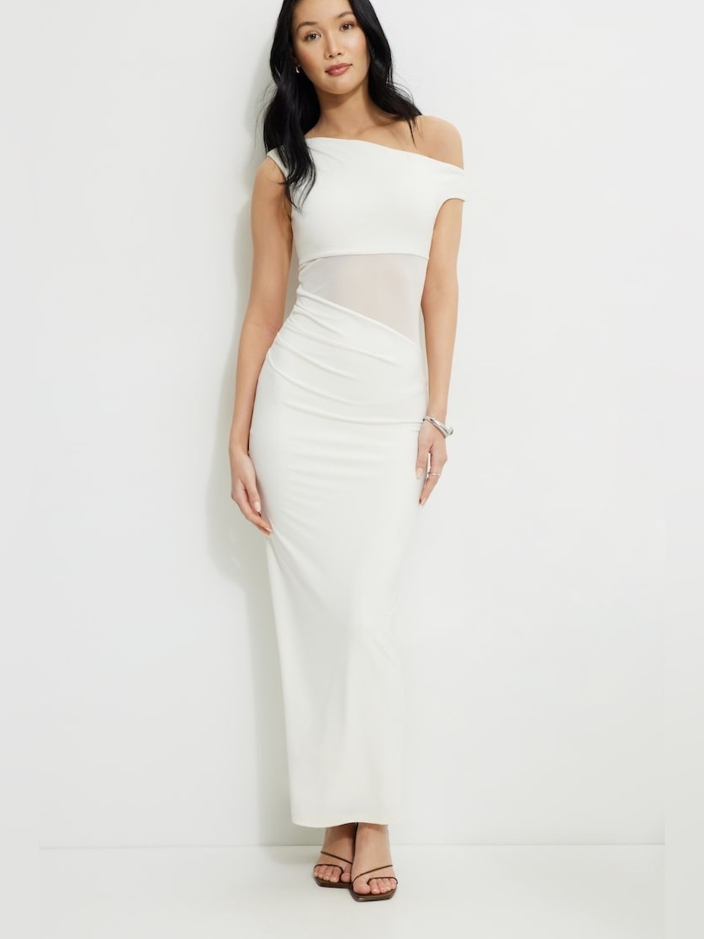 Dynamite Sheer Sculpt Off-White Mesh Panel Maxi Dress